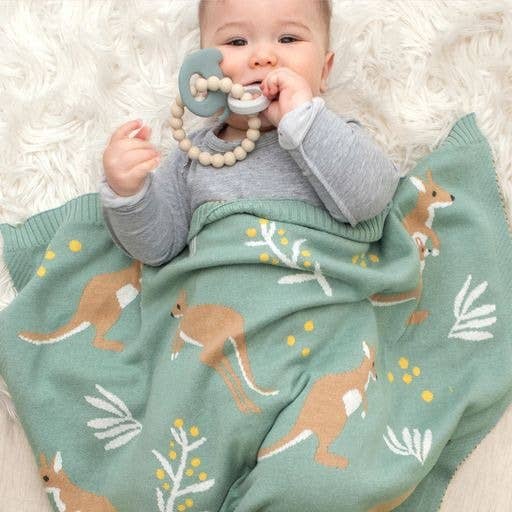 Living Textiles I Australiana Baby Blanket - Kangaroo/Green